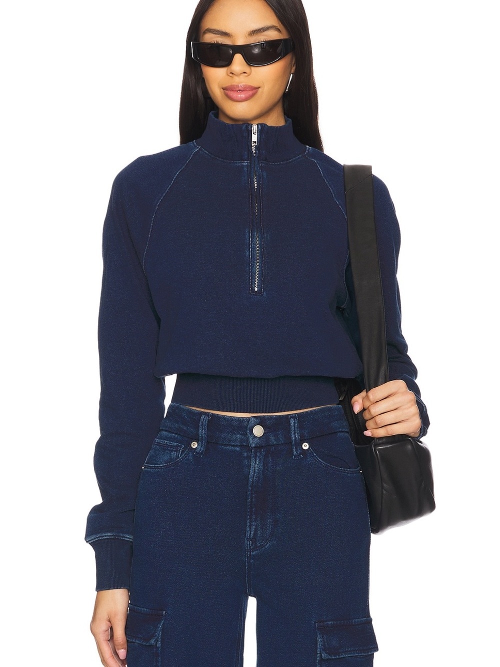 NWT Good American Jeanius Mock Zip Pullover Indigo 377 S